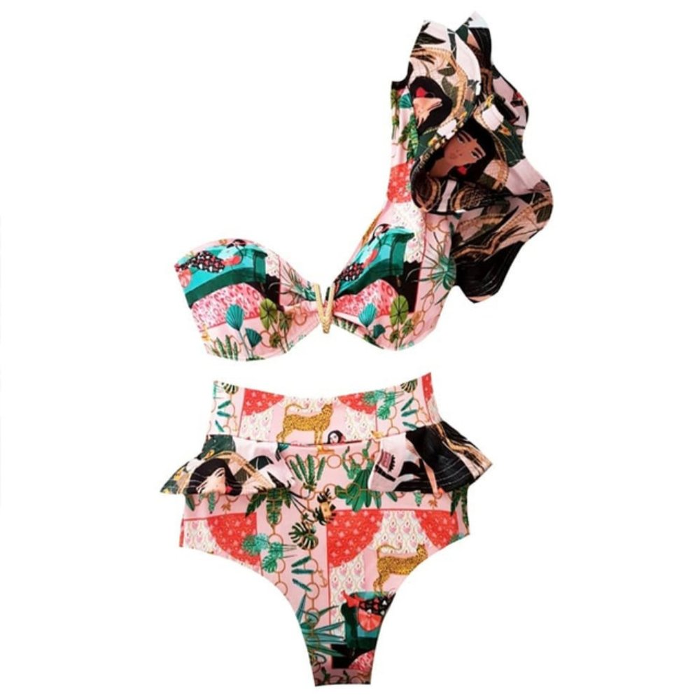 One Shoulder Swimsuit Print